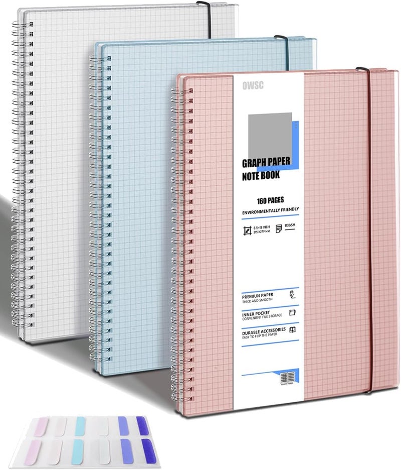 OWSC 3 Pack Graph Notebook, 8.5 x 11 Inches Spiral Notebooks for Work, School and Journal with 110 GSM Graph Paper, Large Notebook with 80 Sheets/160 Pages, Hardcover Grid Paper Notebook - Image 1